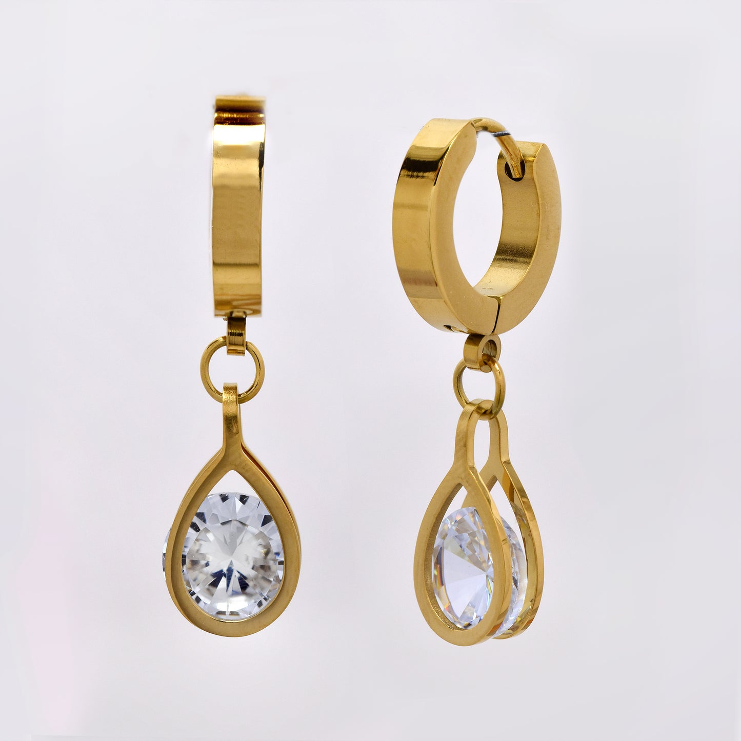 Stainless steel huggie with teardrop cubic zirconia charm - SSYE5272