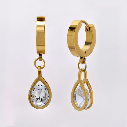 Stainless steel huggie with teardrop cubic zirconia charm - SSYE5272