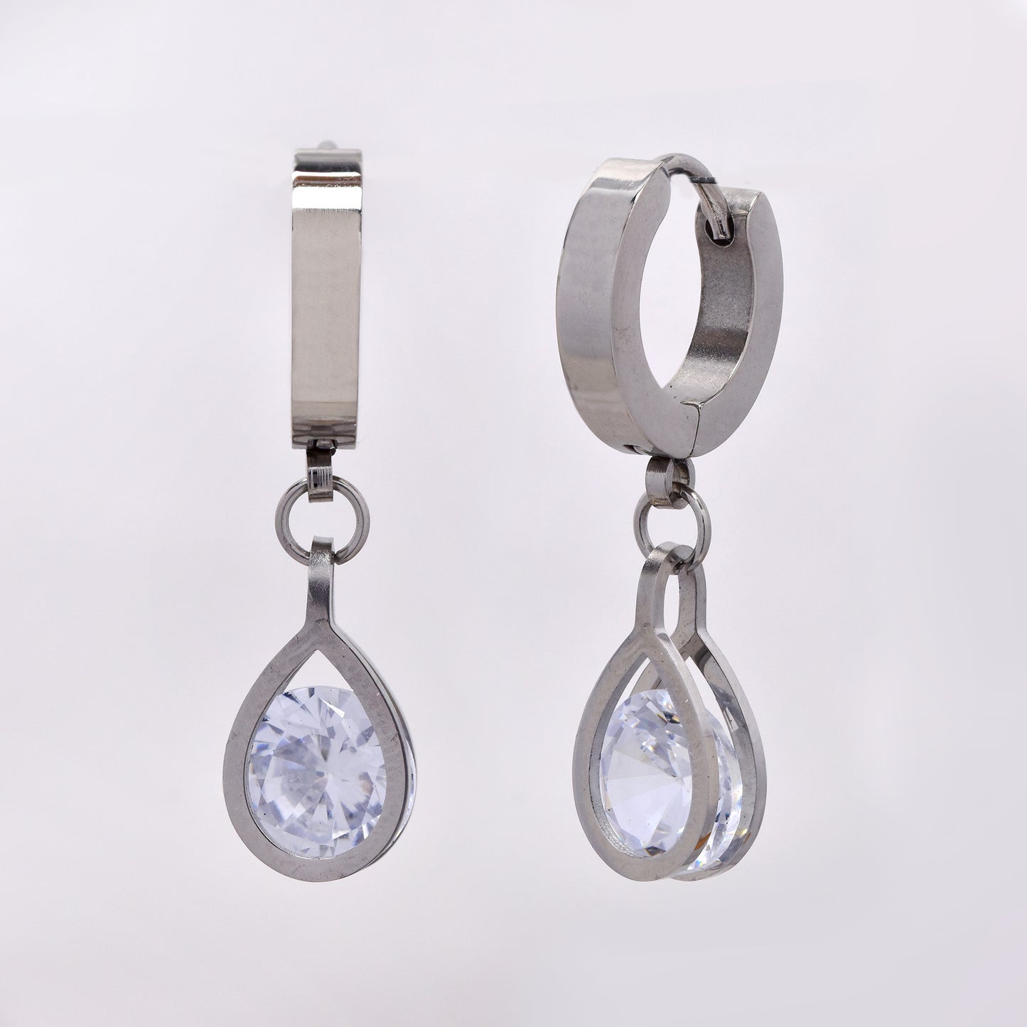 Stainless steel huggie with teardrop cubic zirconia charm - SSYE5272