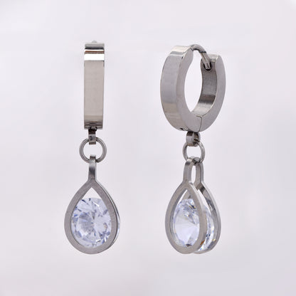 Stainless steel huggie with teardrop cubic zirconia charm - SSYE5272