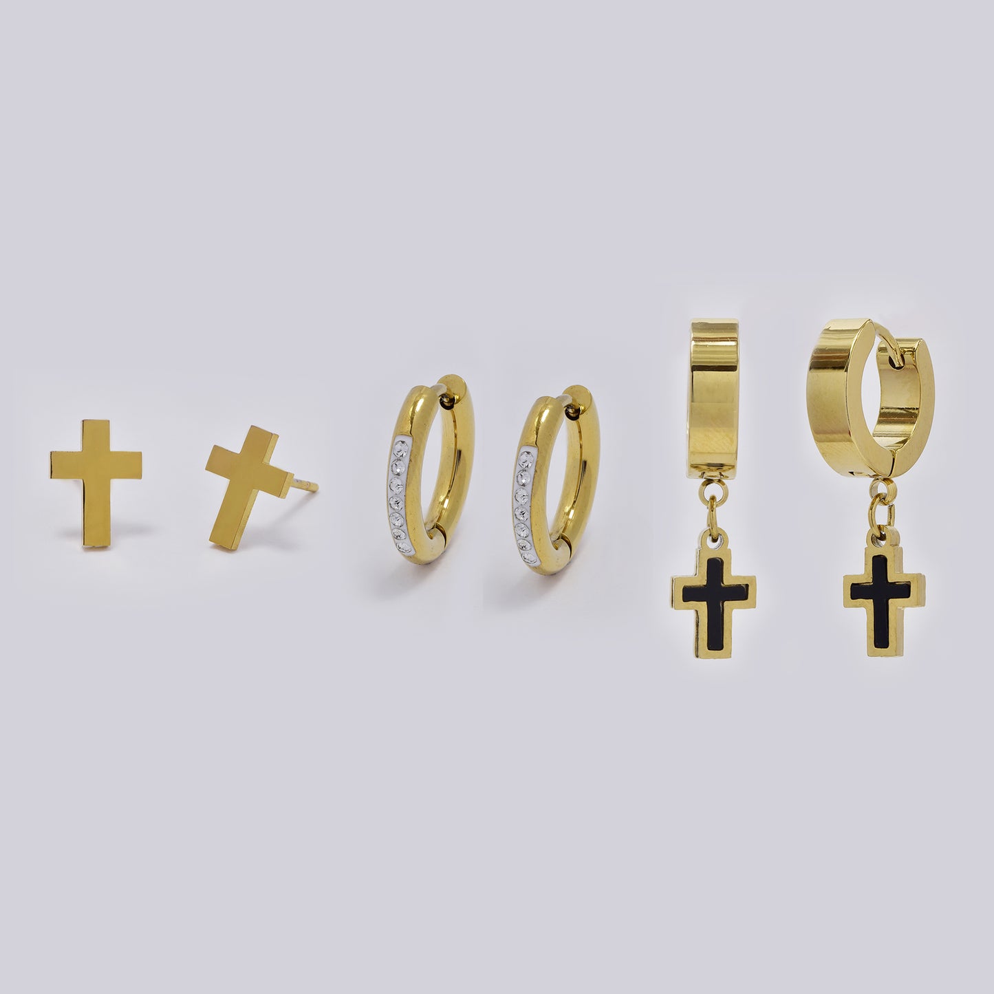 Stainless steel 3 pack cross stud, hoop and drop cross huggie set - SSYE5367