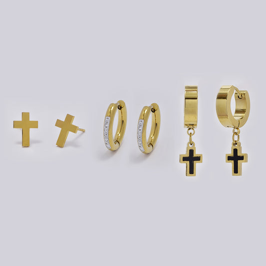 Stainless steel 3 pack cross stud, hoop and drop cross huggie set - SSYE5367