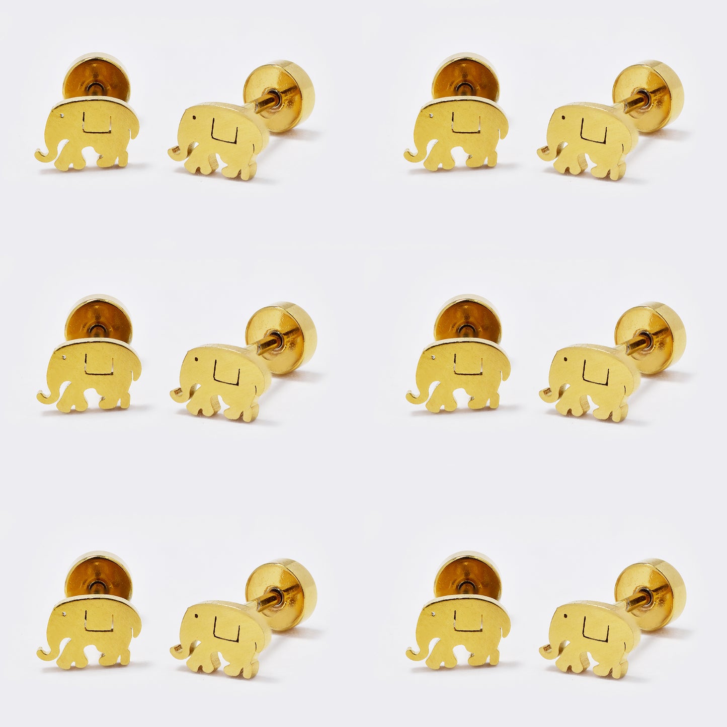 Stainless steel 6 pack elephant stud earring with flat back closure - SSYE5438