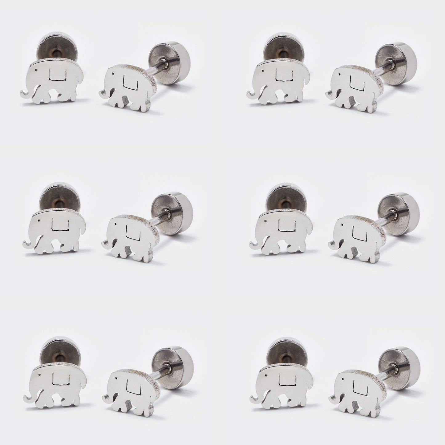 Stainless steel 6 pack elephant stud earring with flat back closure - SSYE5438
