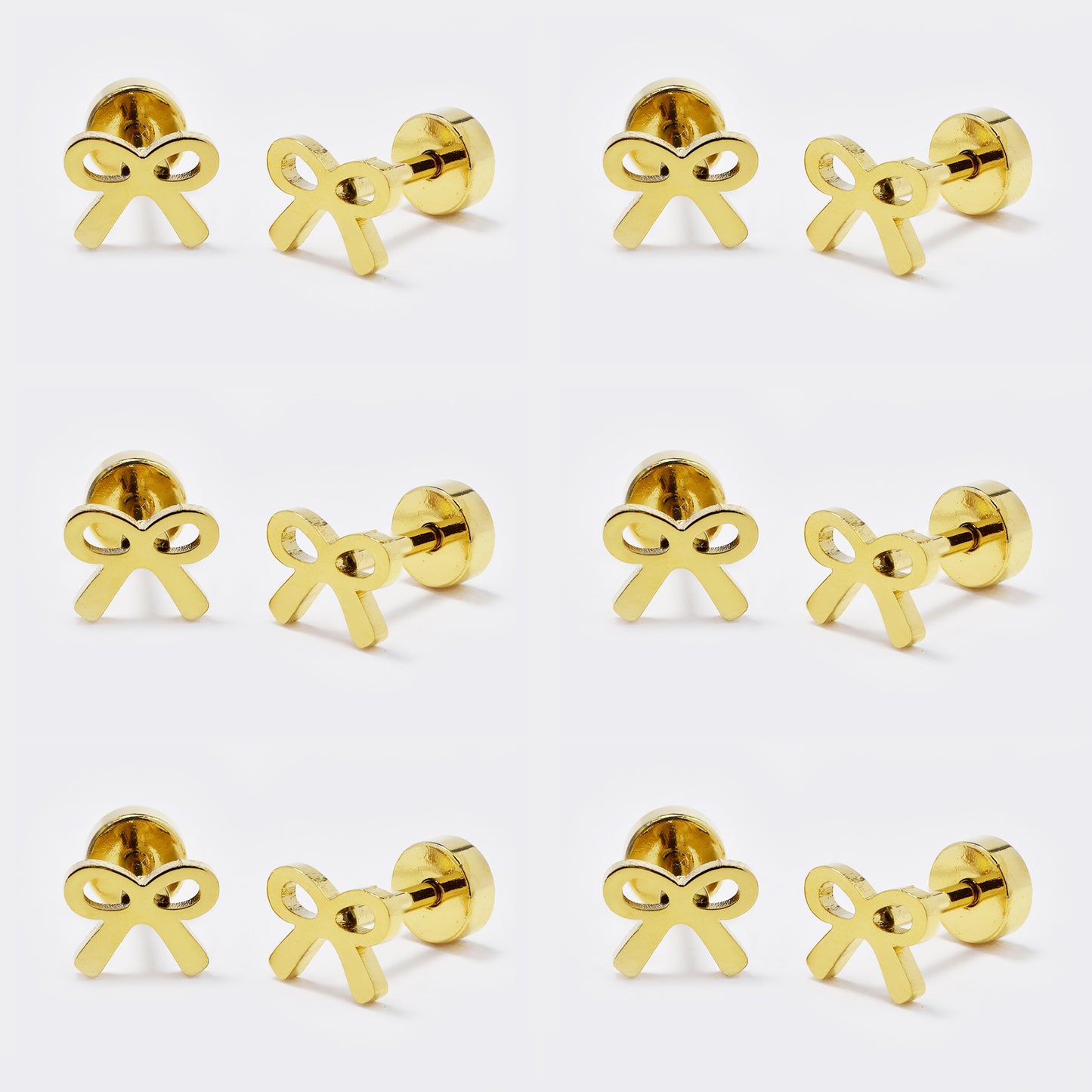 Stainless steel 6 pack gold bow stud earring with flat back closure - SSYE5439