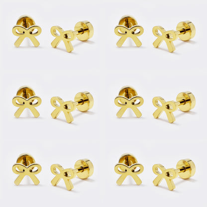 Stainless steel 6 pack gold bow stud earring with flat back closure - SSYE5439