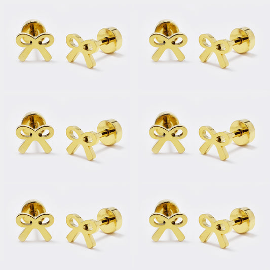 Stainless steel 6 pack gold bow stud earring with flat back closure - SSYE5439