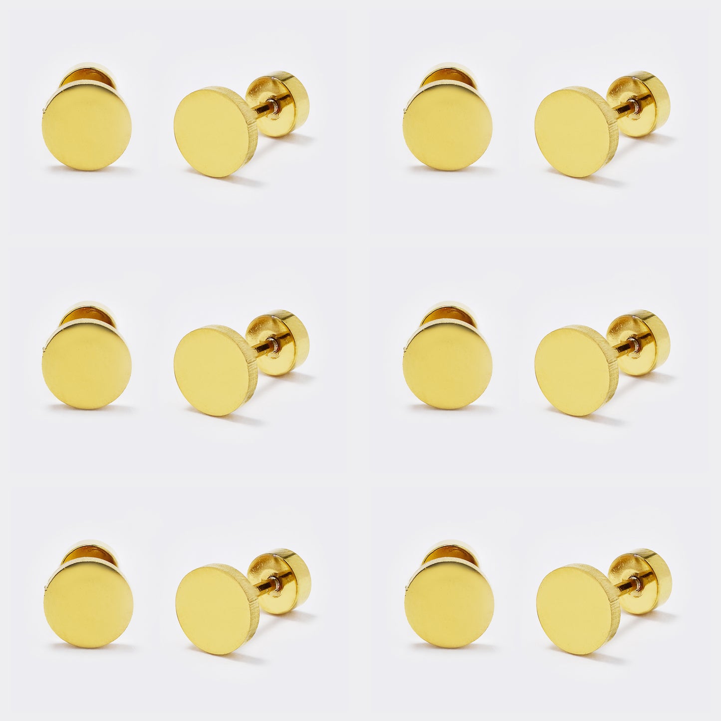 Stainless steel 6 pack 7mm round gold stud earring with flat back closure - SSYE5440