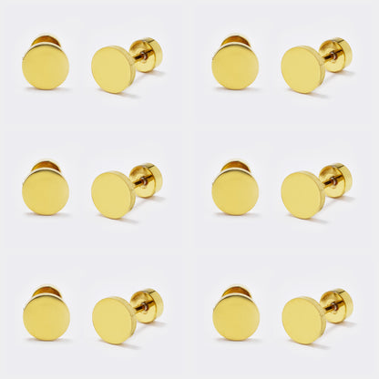Stainless steel 6 pack 7mm round gold stud earring with flat back closure - SSYE5440