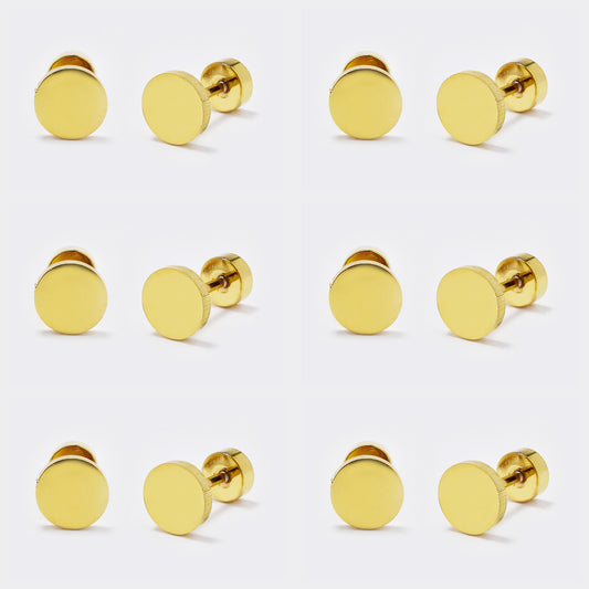 Stainless steel 6 pack 7mm round gold stud earring with flat back closure - SSYE5440