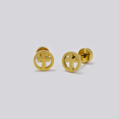 Stainless steel 6 pack gold cross inside circle stud earring with flat back closure - SSYE5441