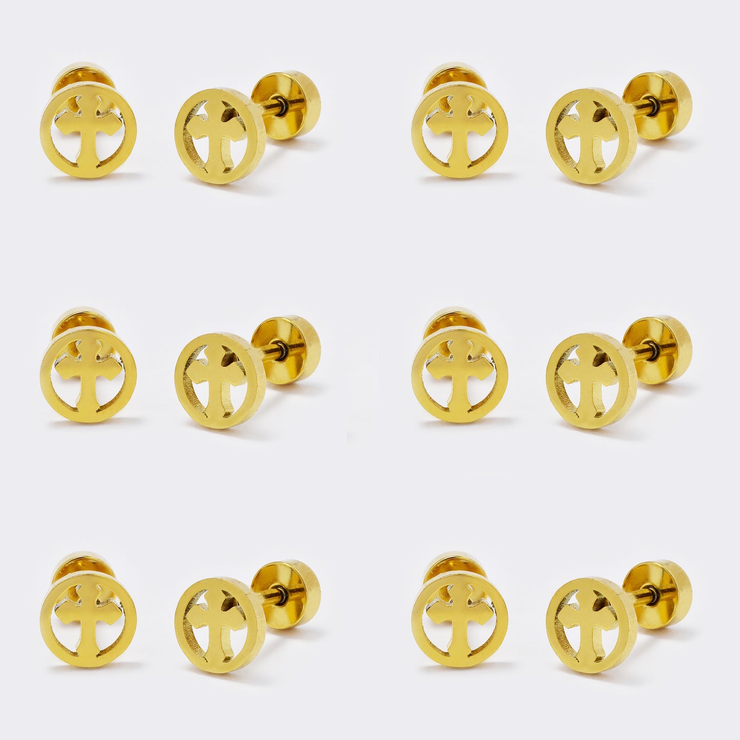 Stainless steel 6 pack gold cross inside circle stud earring with flat back closure - SSYE5441
