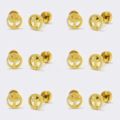 Stainless steel 6 pack gold cross inside circle stud earring with flat back closure - SSYE5441
