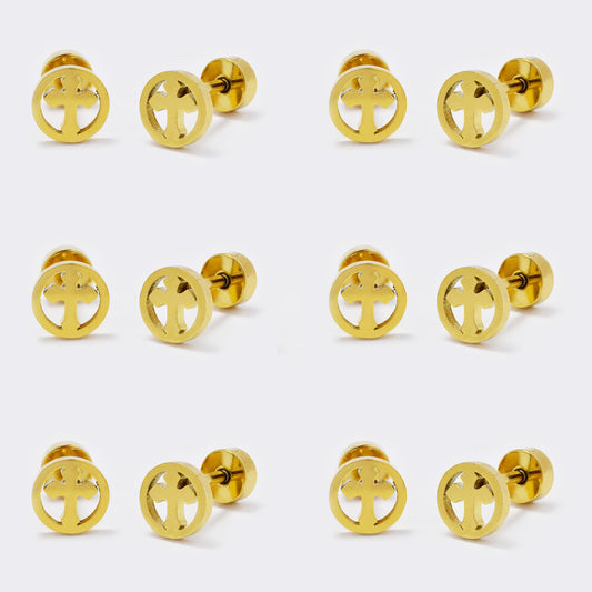 Stainless steel 6 pack gold cross inside circle stud earring with flat back closure - SSYE5441
