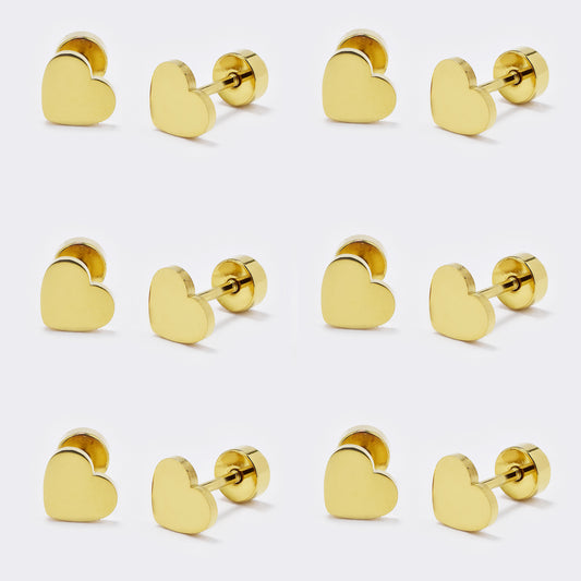 Stainless steel 6 pack 6mm gold heart stud earring with flat back closure - SSYE5442