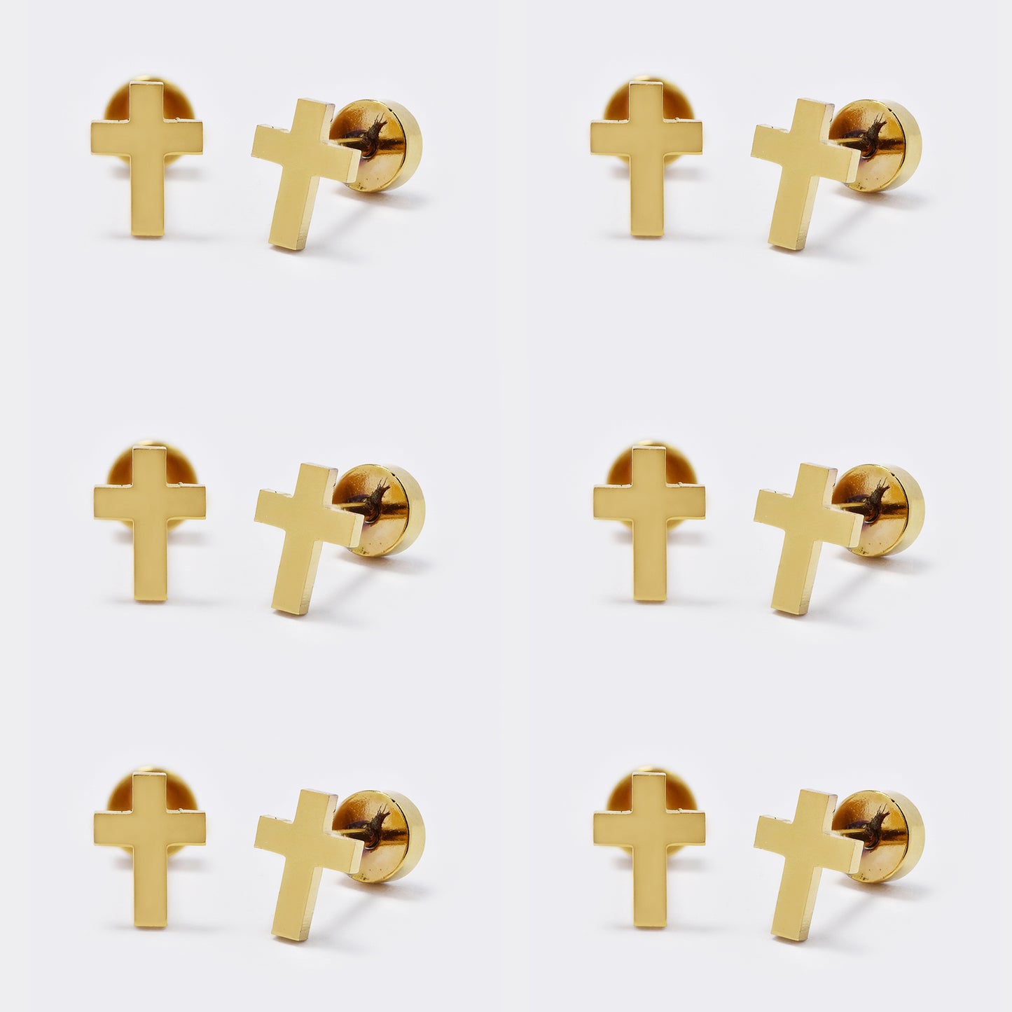 Stainless steel 6 pack 8mm gold cross stud earring with flat back closure - SSYE5443
