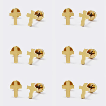 Stainless steel 6 pack 8mm gold cross stud earring with flat back closure - SSYE5443