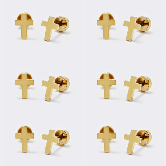 Stainless steel 6 pack 8mm gold cross stud earring with flat back closure - SSYE5443