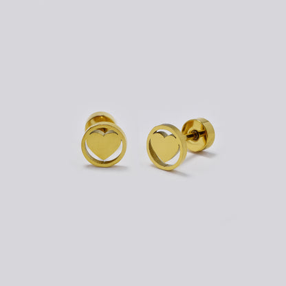 Stainless steel 6 pack heart inside circle stud earring with flat back closure - SSYE5445
