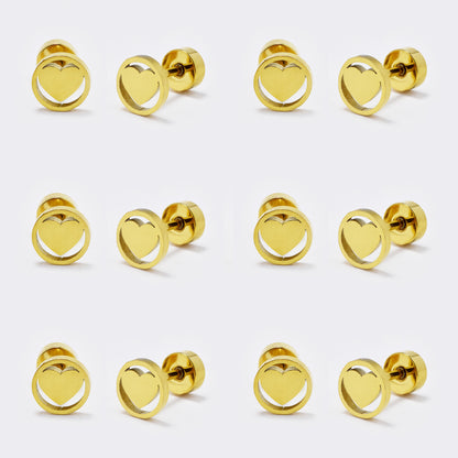 Stainless steel 6 pack heart inside circle stud earring with flat back closure - SSYE5445