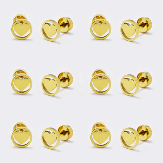 Stainless steel 6 pack heart inside circle stud earring with flat back closure - SSYE5445