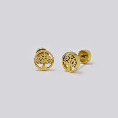 Stainless steel 6 pack tree of life inside circle stud earring with flat back closure - SSYE5446