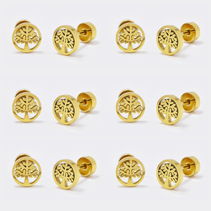 Stainless steel 6 pack tree of life inside circle stud earring with flat back closure - SSYE5446