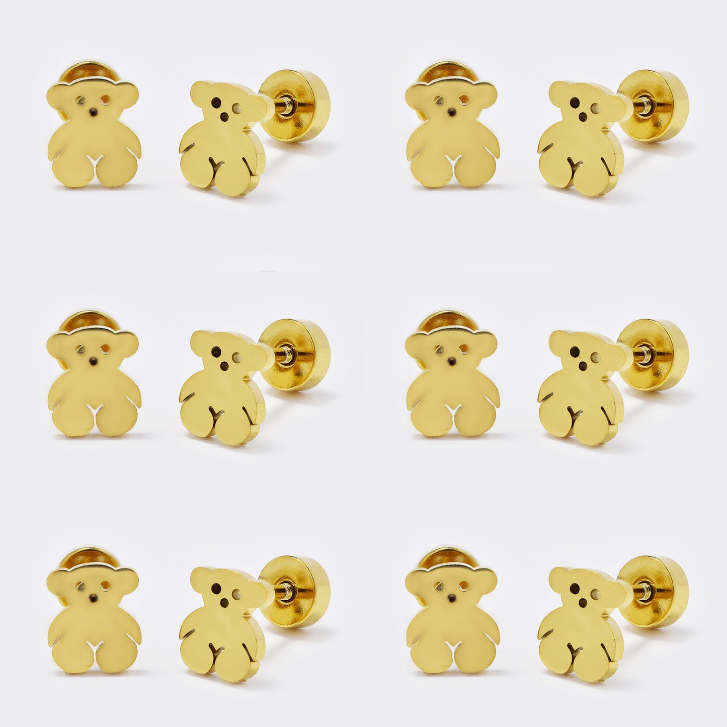 Stainless steel 6 pack teddy bear stud earring with flat back closure - SSYE5478