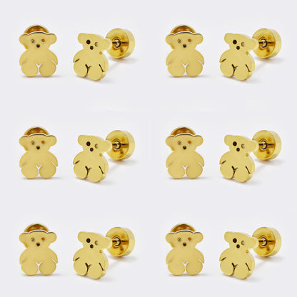 Stainless steel 6 pack teddy bear stud earring with flat back closure - SSYE5478