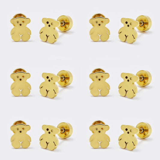 Stainless steel 6 pack teddy bear stud earring with flat back closure - SSYE5478