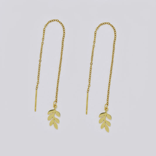 Stainless steel leaf chain link pull through gold earrings - SSYE5510