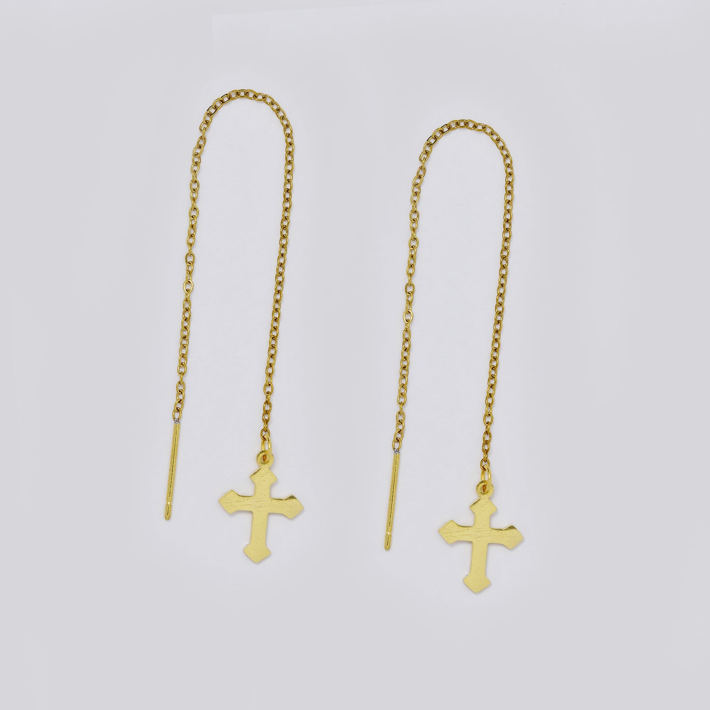 Stainless steel pointy cross chain link pull through gold earrings - SSYE5512