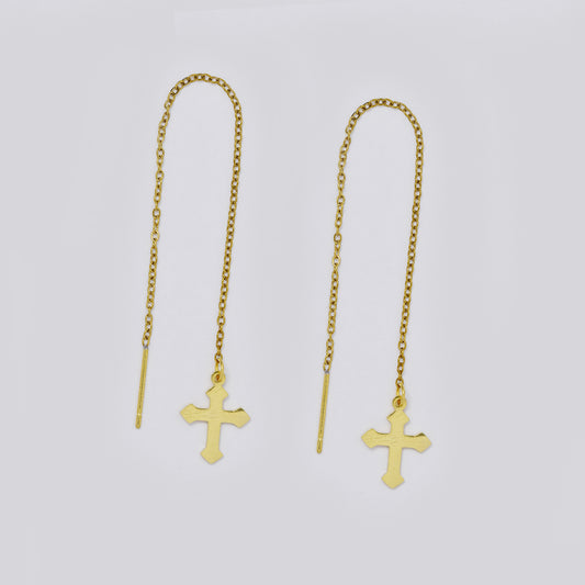 Stainless steel pointy cross chain link pull through gold earrings - SSYE5512