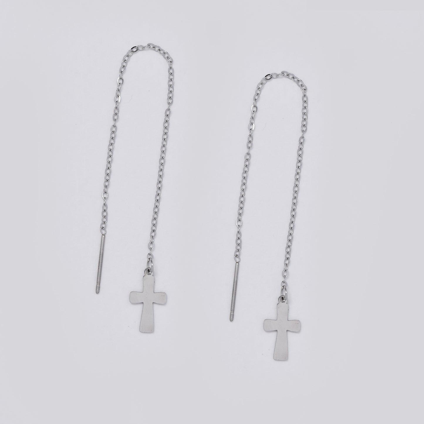 Stainless steel cross chain link pull through silver earrings - SSYE5518