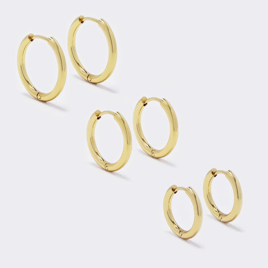 Stainless steel 3 pack 2mm x 17mm and 19mm and 21mm gold sleeper earrings - SSYE5521