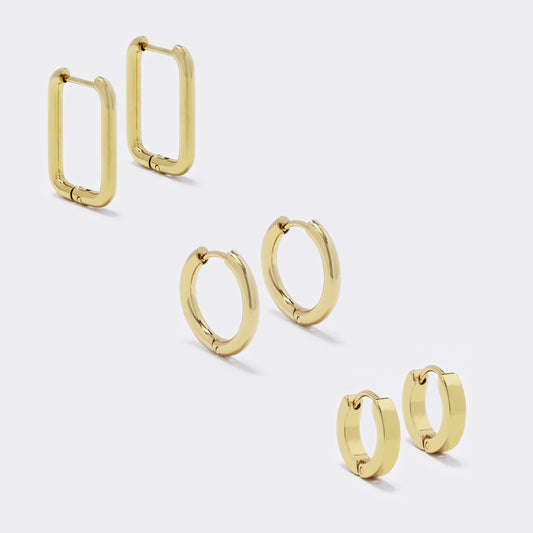 Stainless steel 3 pack 3x13mm huggie and 2.5x17mm sleeper and 21x15mm rectangle hoop earrings - SSYE5523