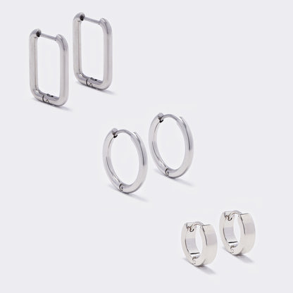 Stainless steel 3 pack 3x13mm huggie and 2.5x17mm sleeper and 21x15mm rectangle hoop earrings - SSYE5523