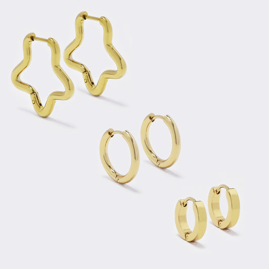 Stainless steel 3 pack gold 3x13mm huggie and 2.5x17mm sleeper and 23mm star hoop earrings - SSYE5524
