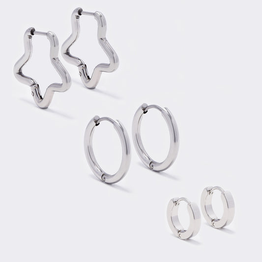 Stainless steel 3 pack silver 3x13mm huggie and 2.5x19mm sleeper and 23mm star hoop earrings - SSYE5525
