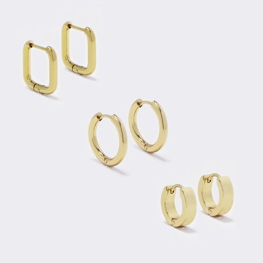 Stainless steel 3 pack 3x13mm huggie and 2.5x17mm sleeper and 15mm square hoop earrings - SSYE5526