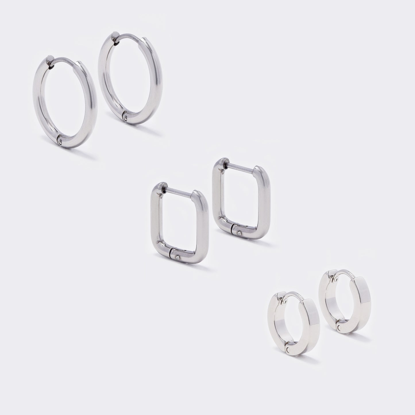 Stainless steel 3 pack 4x13mm huggie and 2.5x17mm sleeper and 15mm square hoop earrings - SSYE5526