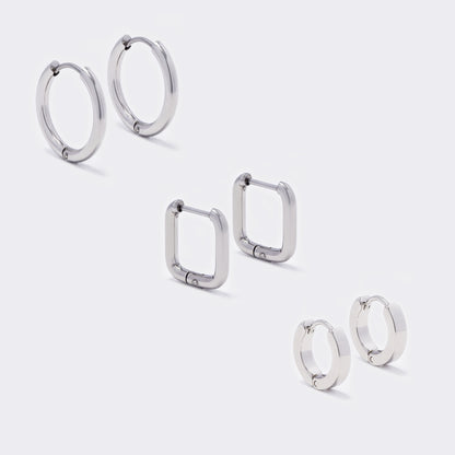Stainless steel 3 pack 4x13mm huggie and 2.5x17mm sleeper and 15mm square hoop earrings - SSYE5526