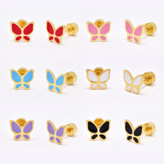 SSYE6457 - St Steel 6 pack  8,5mm x 7,5mm colour butterfly flat back earring