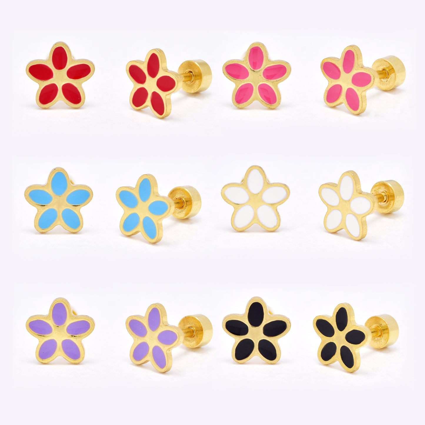 SSYE6459 - St Steel 6 pack 8mm x 8mm colour plain flower flat back earring