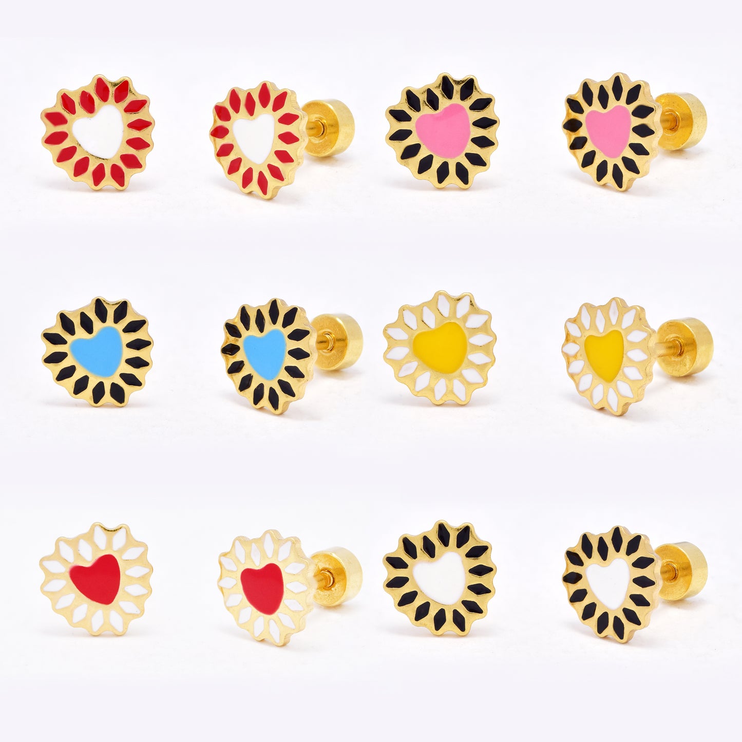 SSYE6460 - St Steel 6 pack 8mm x 8mm colour flower flat back earring