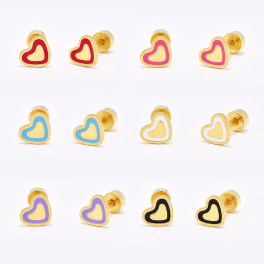 SSYE6461 - St Steel 6 pack 6,5mm x 5,5mm colour outlined heart earring
