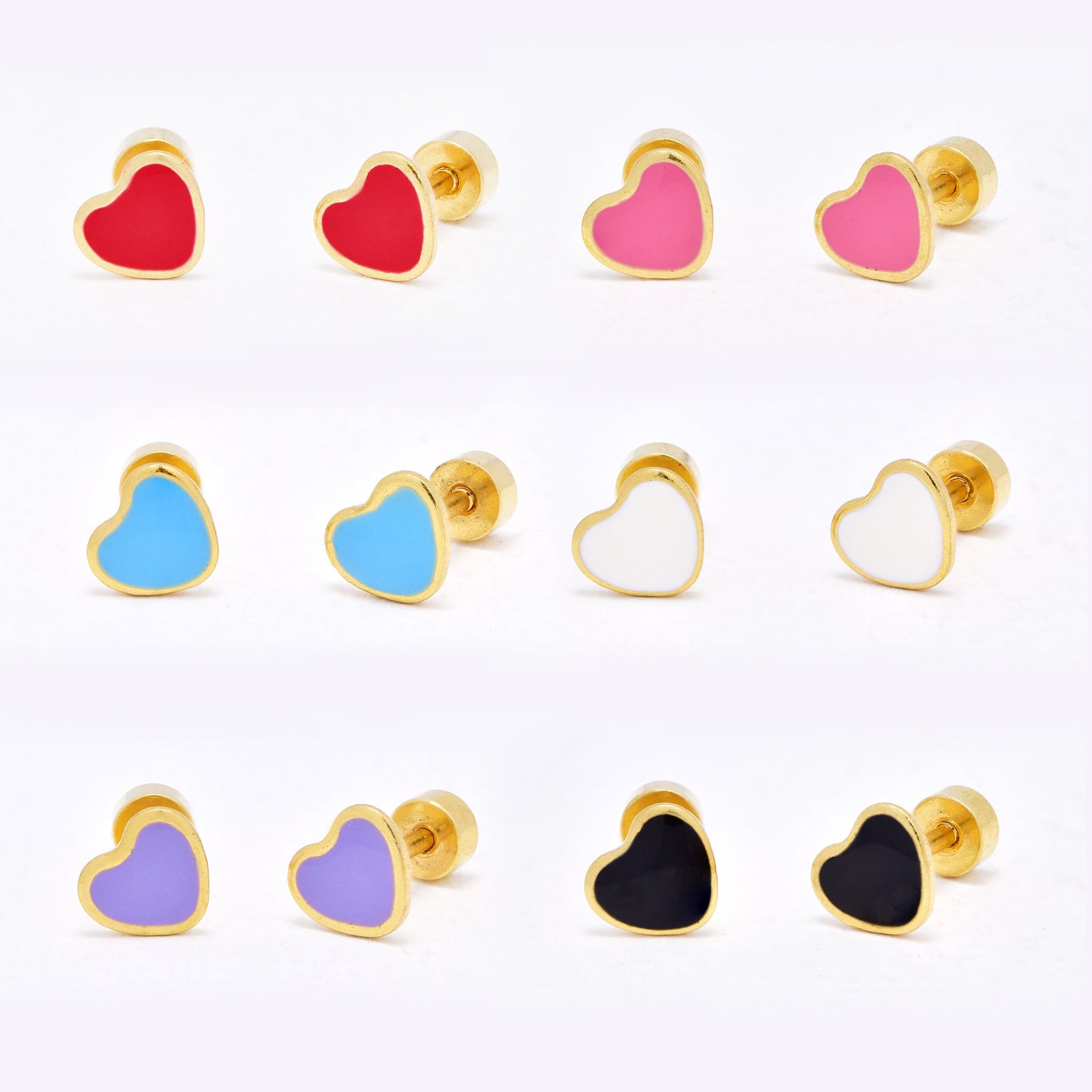 SSYE6462 - St Steel 6 pack 6,5mm x 6mm colour plain heart earring