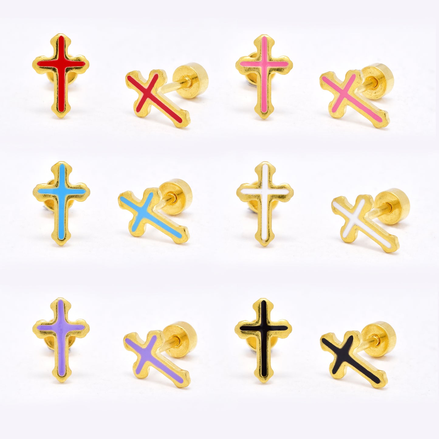 SSYE6463 - St Steel 6 pack 10mm x 6,5mm colour thin cross earring