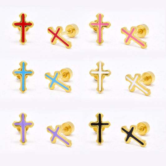 SSYE6463 - St Steel 6 pack 10mm x 6,5mm colour thin cross earring