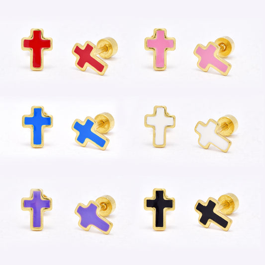 SSYE6464 - St Steel 6 pack 8mm x 6mm colour cross earring